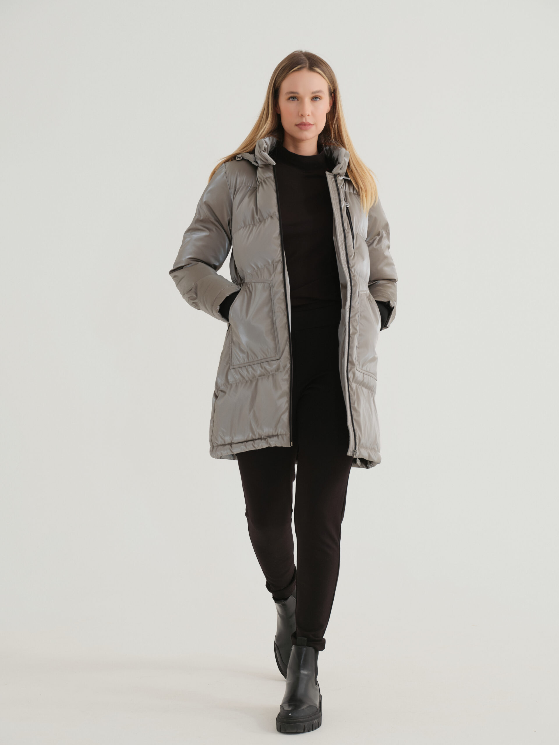 Giaccone lungo in tessuto cangiante colore taupe Dolcezza collection - immagine 10