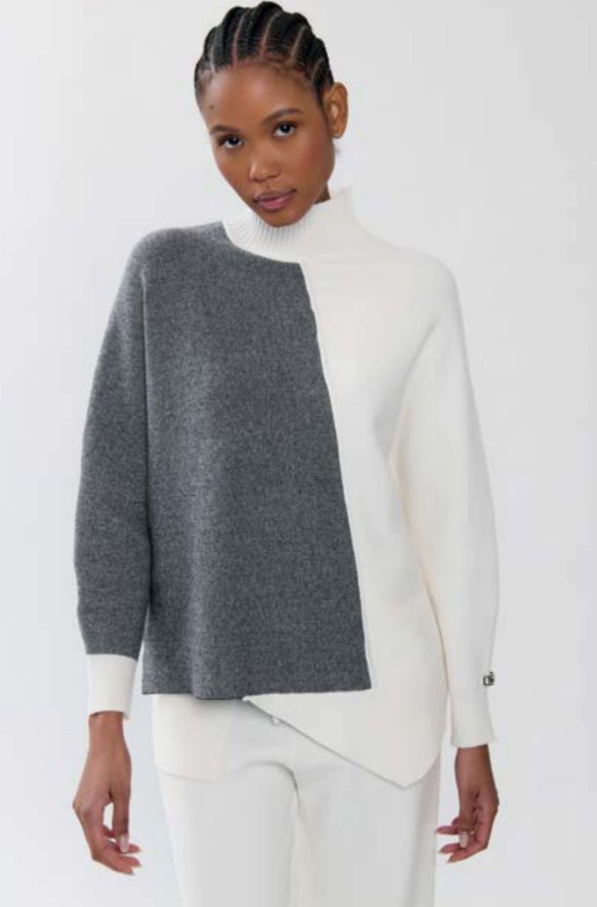 Maglia asimmetrica over bicolore grigio/panna collo a lupetto - immagine 2