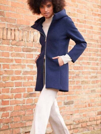 Giacca lunga in scuba con zip e cappuccio colore blu