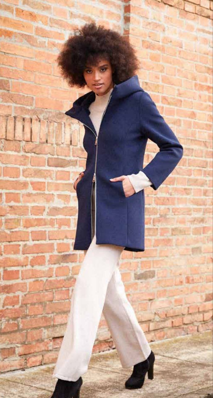 Giacca lunga in scuba con zip e cappuccio colore blu