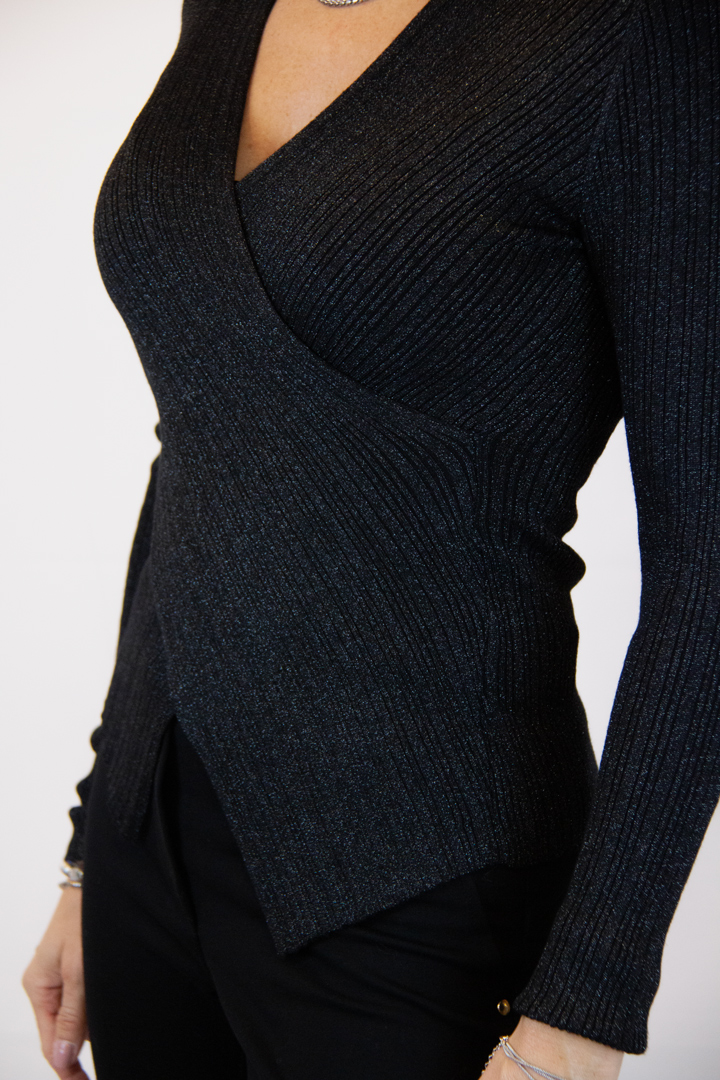 Maglia nera donna incrociata lurex - immagine 3