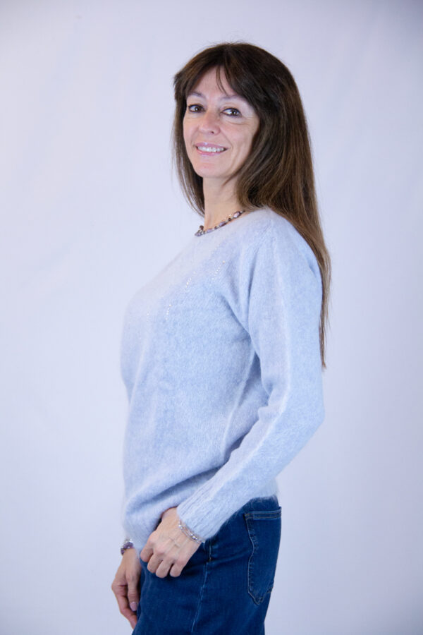 Maglia pelosetta colore azzurro lana alpaca con strass