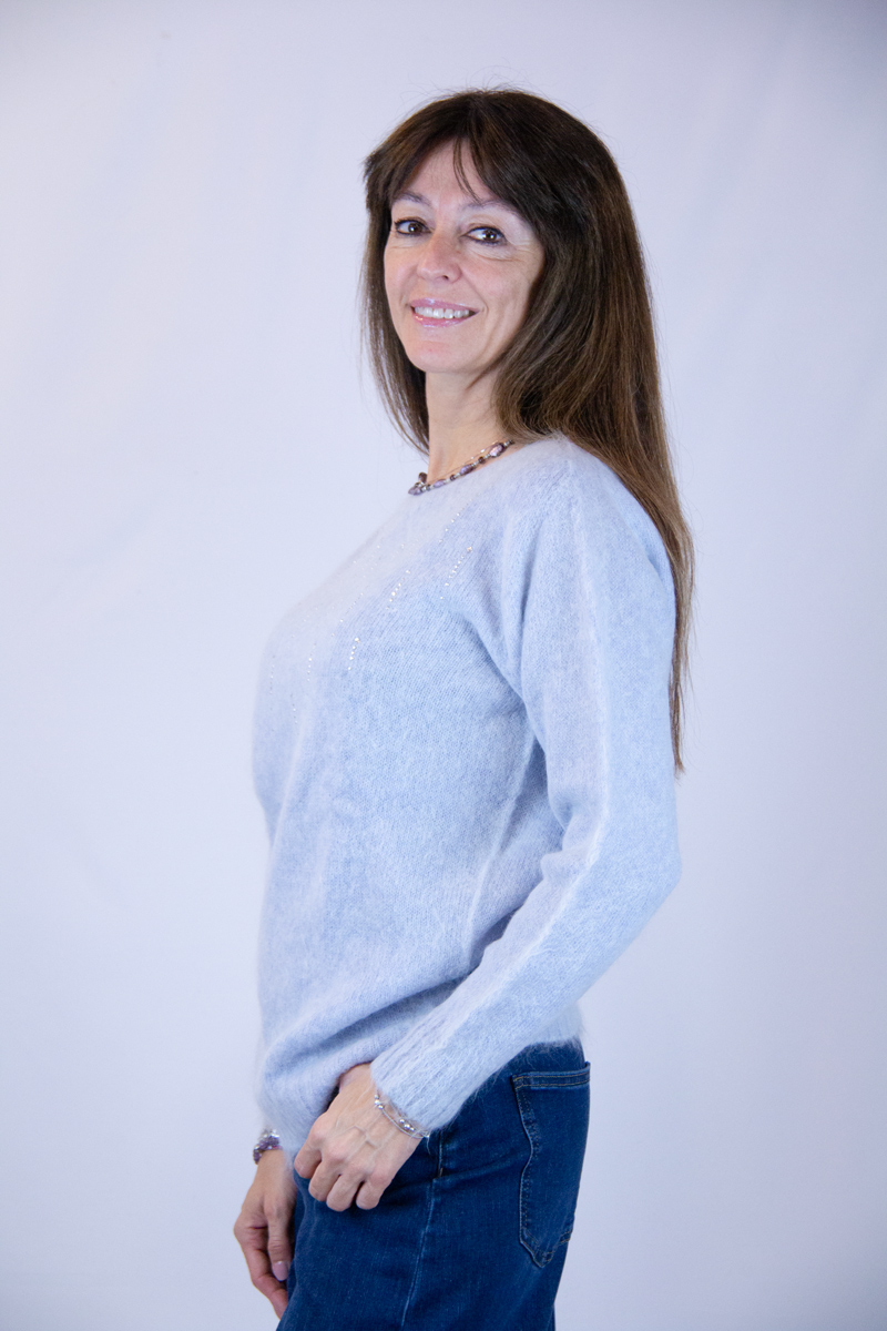 Maglia pelosetta colore azzurro lana alpaca con strass