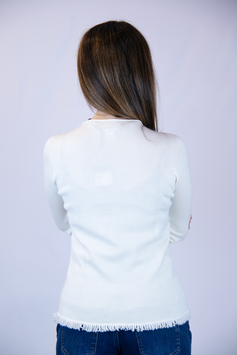 Maglia lana merinos avorio con frangette - immagine 3