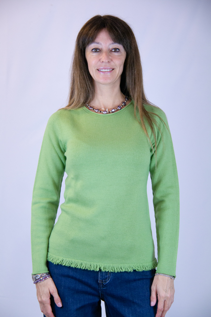 Maglia lana merinos verde prato con frange